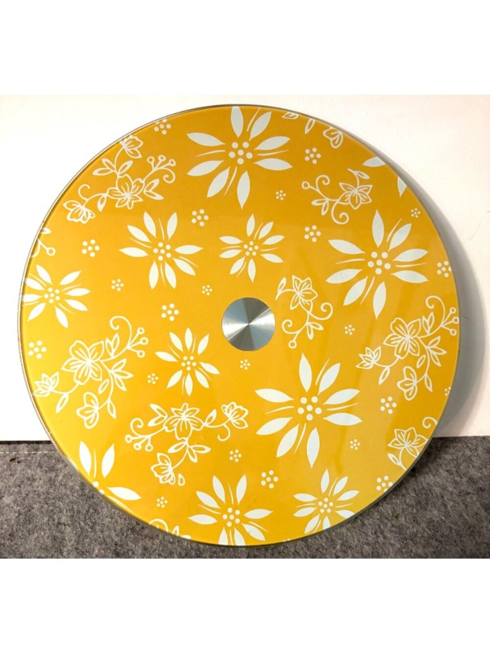 Temptations Yellow Glass 12" Lazy Susan W/ White Flowers  # 3373